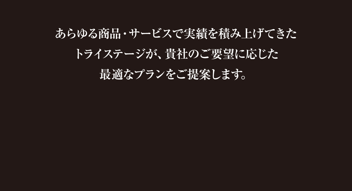 あらゆる商品・サービスで実績を積み上げてきたトライステージが、貴社のご要望に応じた最適なプランをご提案します。